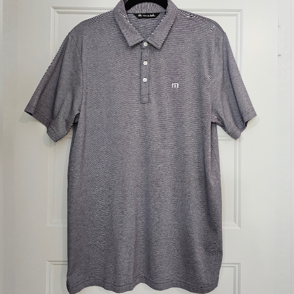 Travis Mathew Polo Shirt Purple White Striped Pima Cotton Blend Sz Lg